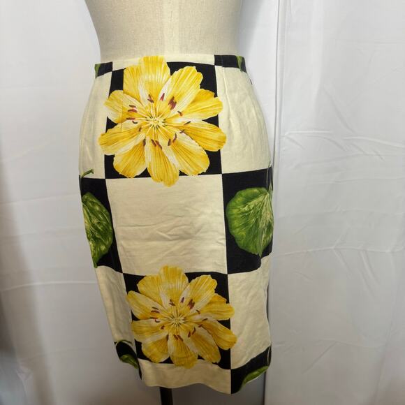 J. McLaughlin Size 6 Pencil Skirt Yellow Floral Green Leaf Black White Check - Picture 1 of 5